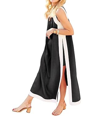 Hooever Women's 2 Piece Sets Boho Color Block Sleeveless Maxi Dress Matching Shorts with Pockets | Amazon (US)