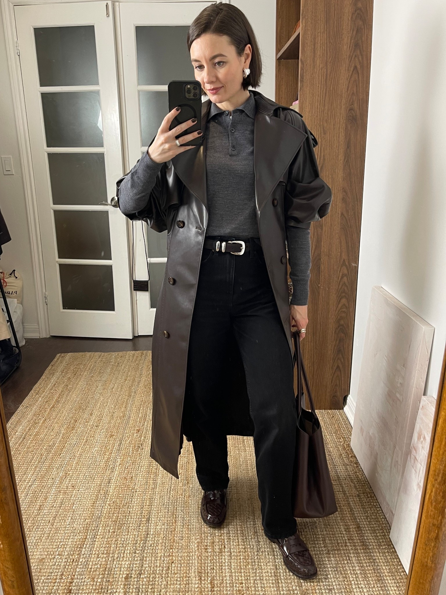 Faux leather trench (s), black jeans (0), polo knit (xs), brown loafers

#LTKFindsUnder100 #LTKSeasonal #LTKStyleTip