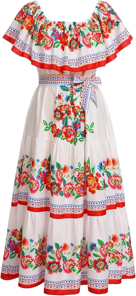 Women Mexican Dress Off Shoulder Floral Long Maxi Dress Summer Beach Party Cinco de Mayo Dresses ... | Amazon (US)
