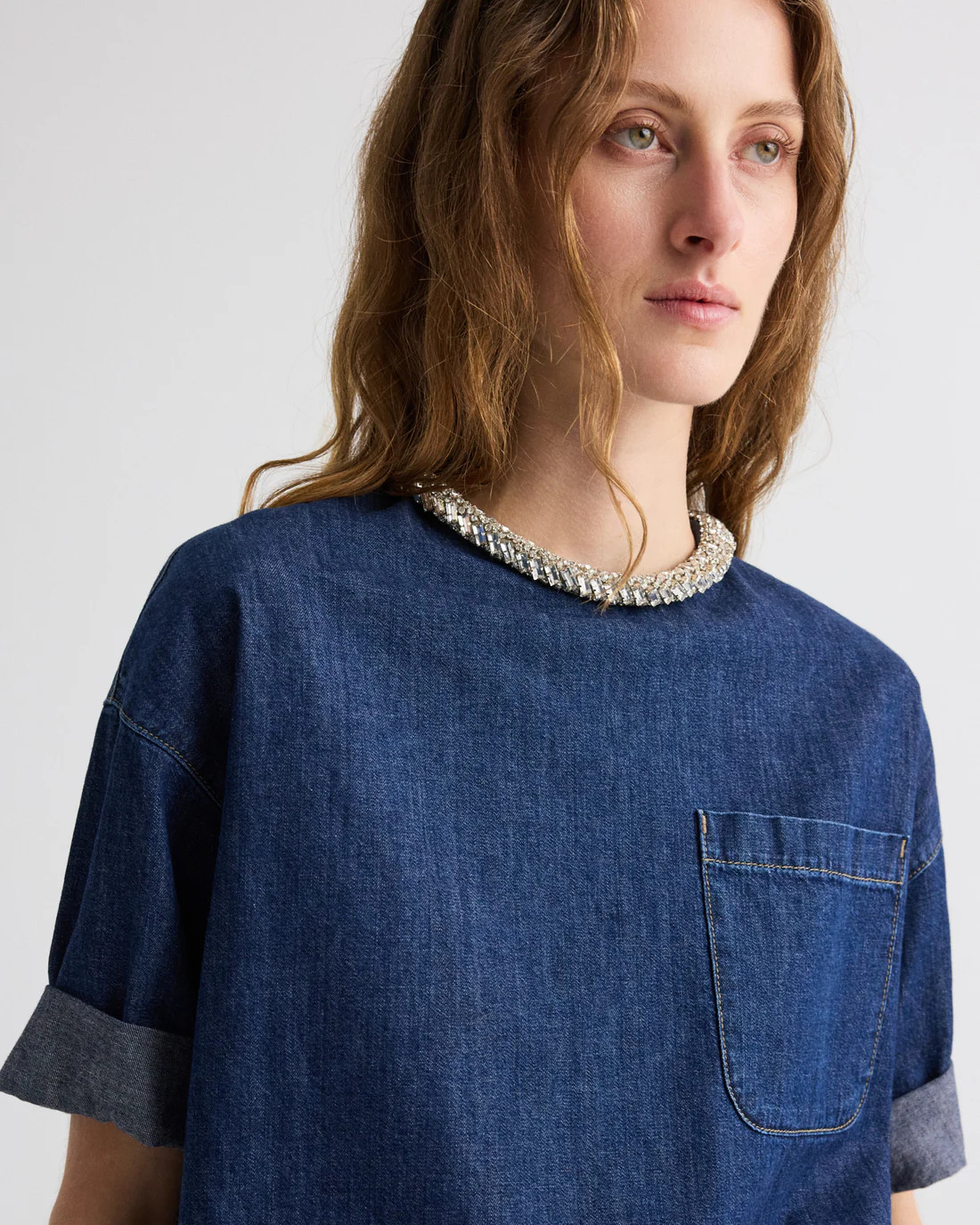 Ex T with Crystal Collar in Denim Shirting | TWP