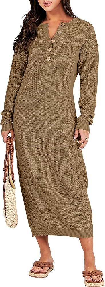 ANRABESS Women Long Sleeve Button V Neck Oversized Casual Loose Fit Waffle Knit Fall Midi Sweater... | Amazon (US)