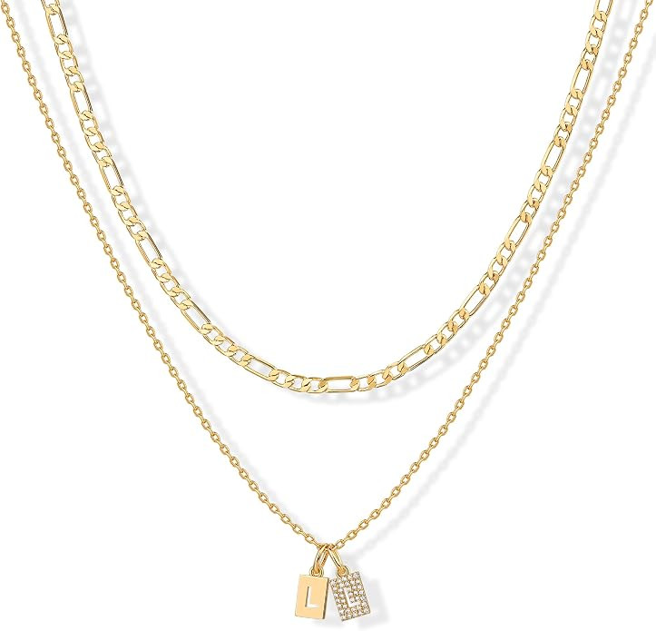 PAVOI 14K Gold Plated Initial Letter Double Dog Tag Pendant Necklace | Dainty Cubic Zirconia Lett... | Amazon (US)