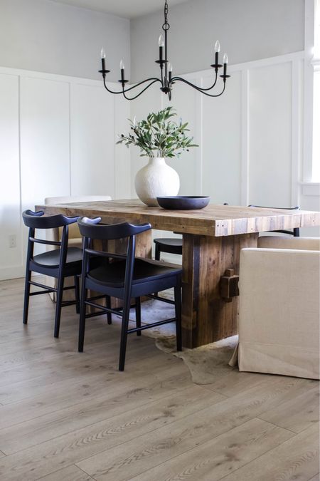 neutral dining room, rustic dining table, black dining chairs, black dining chandelier 

#LTKhome