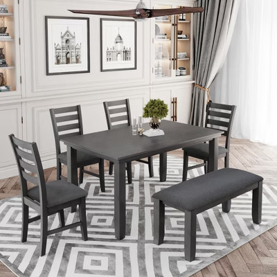 6-Piece Farmhouse Dining Table Set Dining Set with Rustic Dining Table, 4 High-back Dining Chairs and Bench, Gray-ModernLuxe | Target