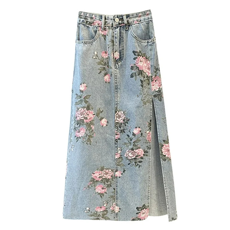 Mohiass Women Floral Print Long Denim Jean Skirt Printed Midi A Line Skirt Side Slit Denim Jean F... | Walmart (US)