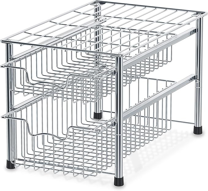 SimpleHouseware Stackable 2 Tier Sliding Basket Organizer Drawer, Chrome | Amazon (US)