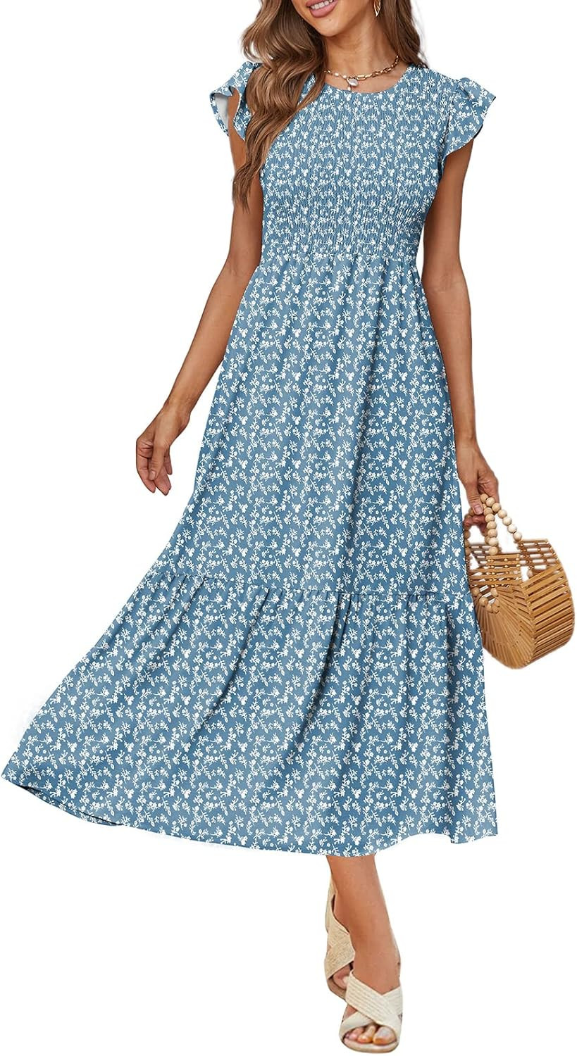 OFEEFAN Women's Casual Maxi Dresses with Pockets Ruffle Sleeve Smocked Dress XS-2XL | Amazon (US)
