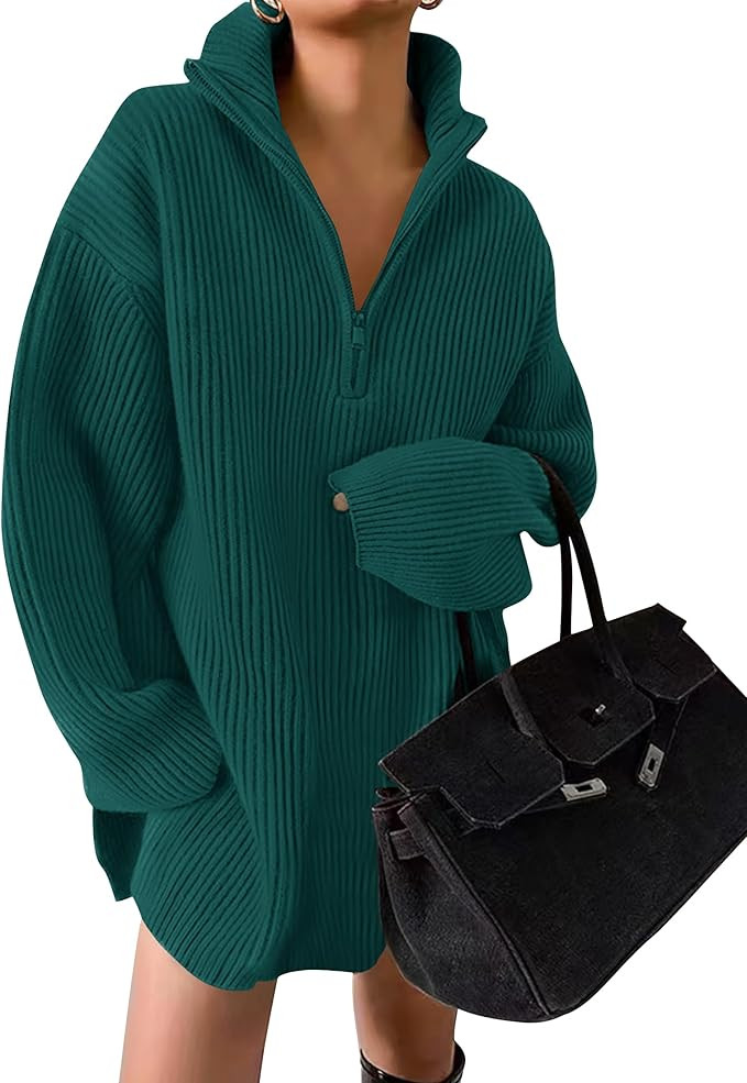 ZESICA Women's Casual V Neck Sweater Dress Oversized Long Sleeve Zip Up Ribbed Knit Loose Pullove... | Amazon (US)