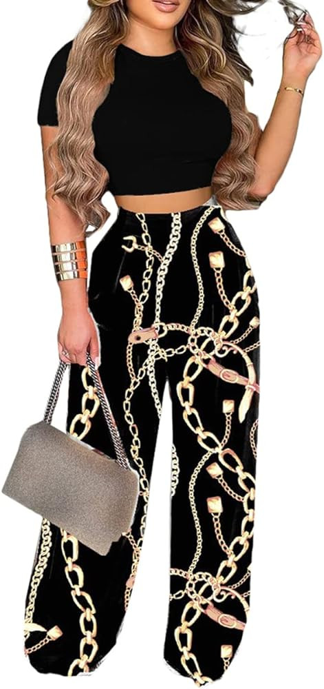 2 Piece Outfits for Women Short Sleeve Crop Top High Waist Wide Leg Long Pant Sets Tracksuit Spor... | Amazon (US)