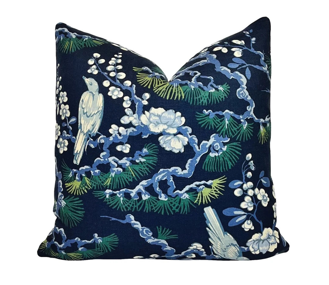 Navy Chinoiserie Pillow Cover: Floral Bird Print, Designer Linen Blend - Etsy | Etsy (US)