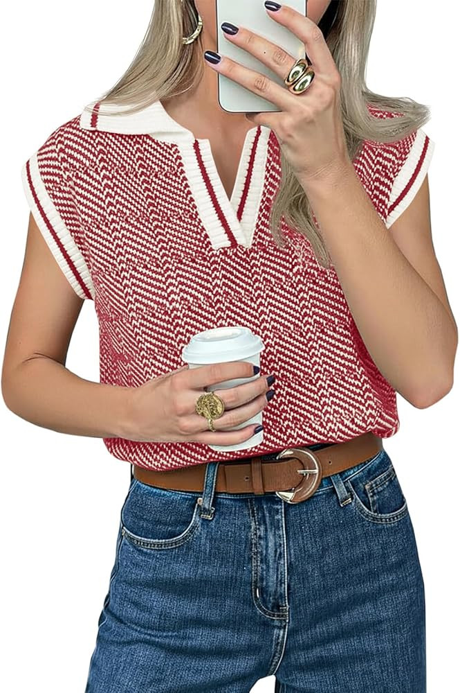 Saodimallsu Womens Short Sleeve Sweater Tops V Neck Polo Shirts Summer Casual Loose Knit Color Bl... | Amazon (US)
