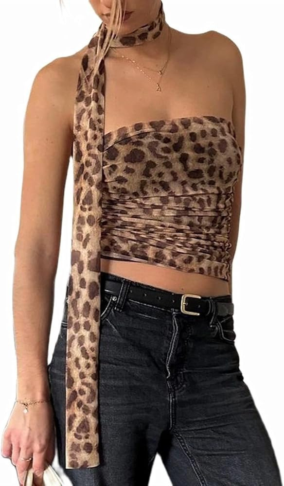Bocymolay Leopard Print Tube Top for Women Sexy Strapless Mesh Ruched Bandeau Top Going Out Stree... | Amazon (US)