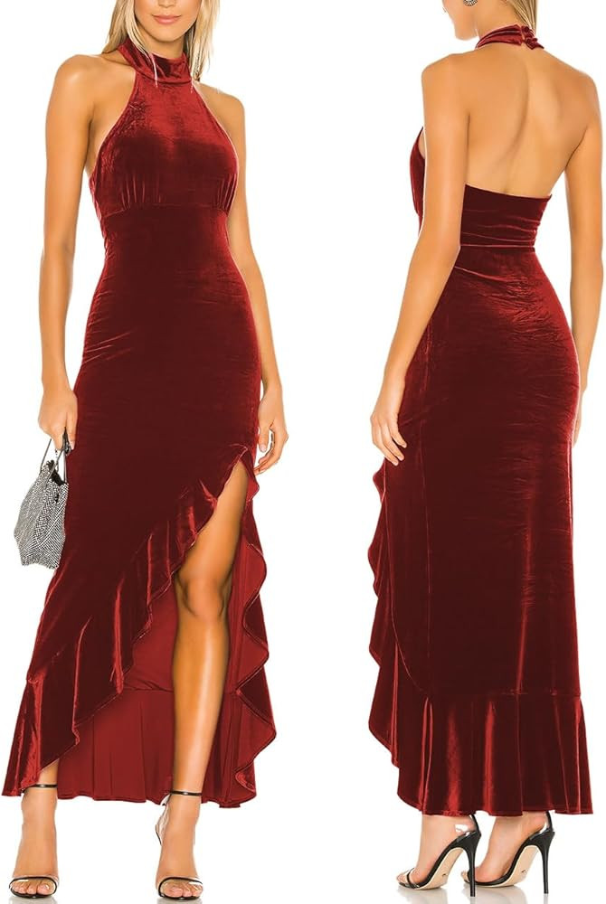 Aigeman Women's Halter Neck Velvet Maxi Dress Backless Split Velvet Mermaid Dress Halter Cocktail... | Amazon (US)