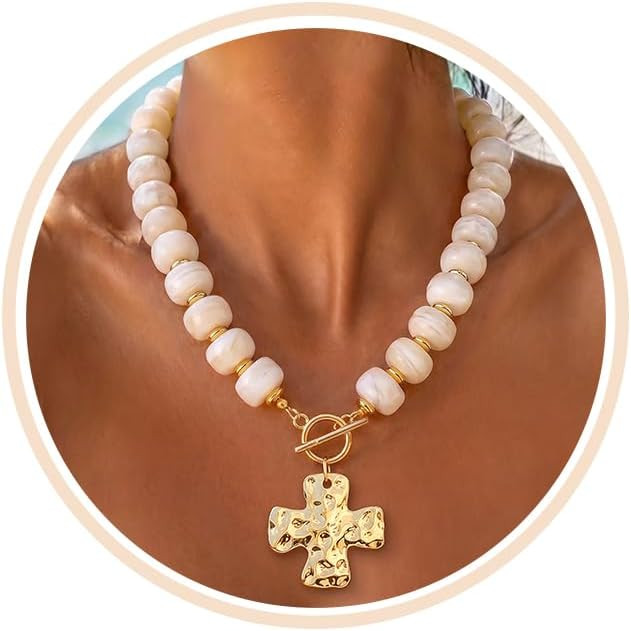 ZHESHY Chunky Beaded Necklaces for Women Heart Cross Statement Necklace | Amazon (US)