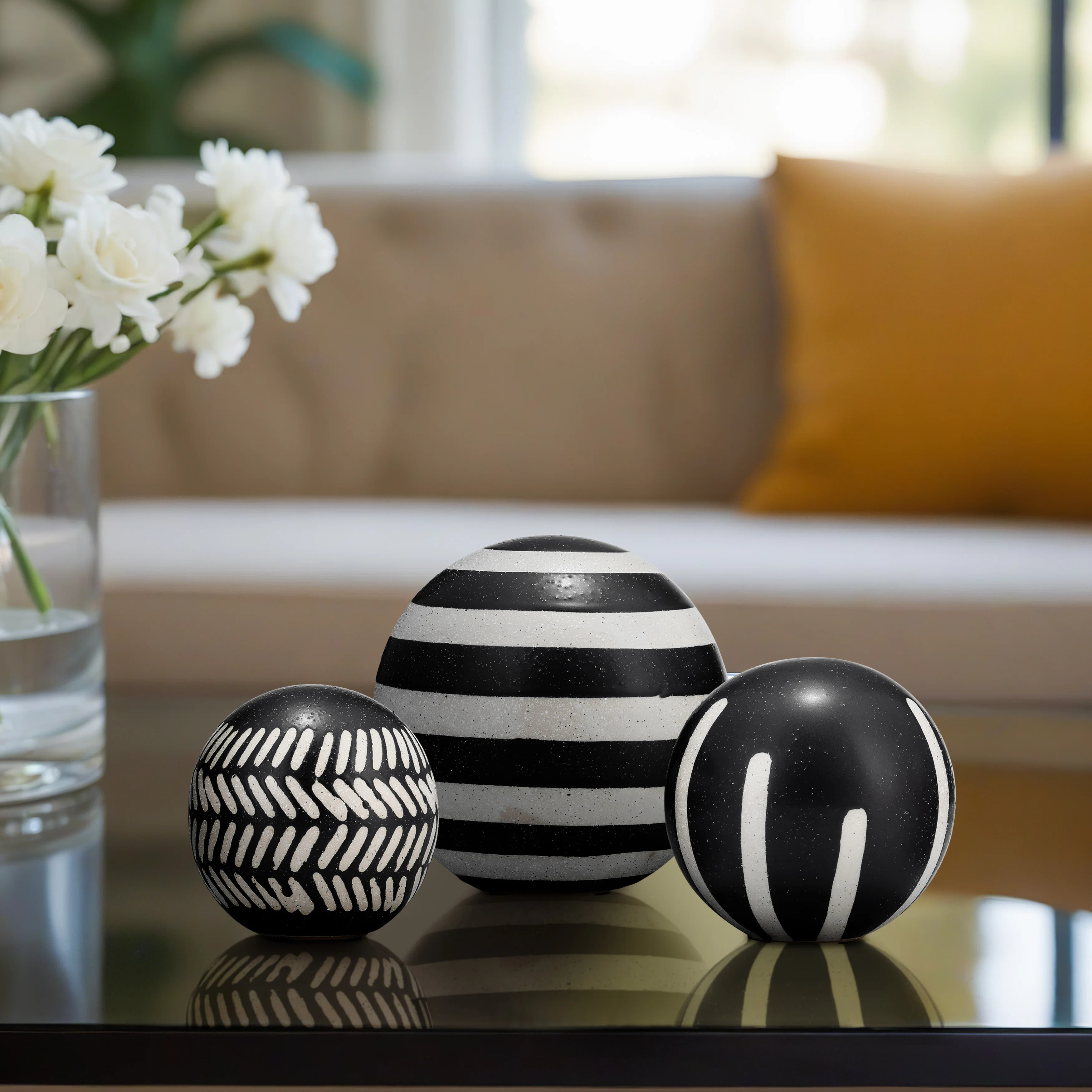 Hershman Black & White Stoneware Ceramic Decorative Orbs - Geometric Pattern Set of 3 (6", 5" & 4... | Wayfair North America