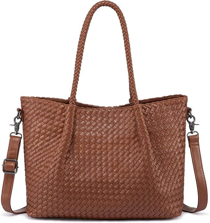 LOVEVOOK Woven Tote Bag for Women Vegan Leather Shoulder Handbag for Travel Work Crossbody Purse | Amazon (US)
