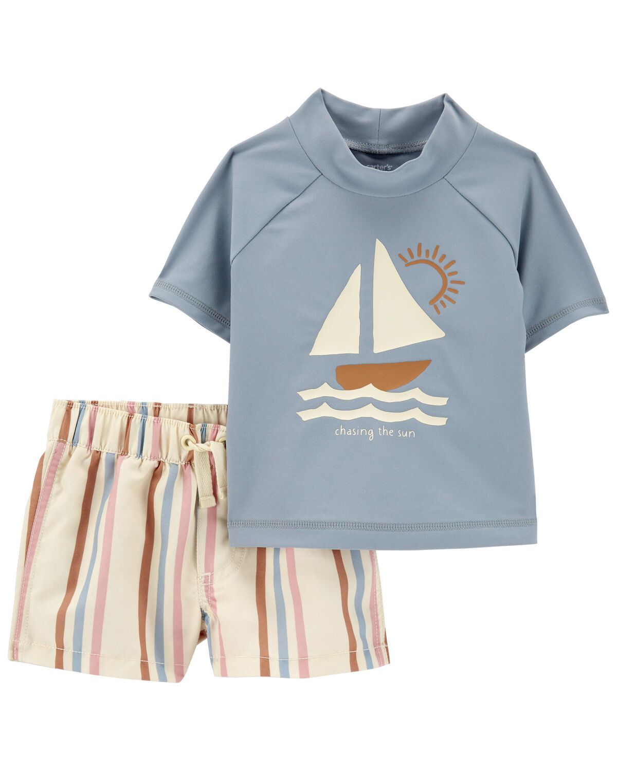 Blue Baby 2-Piece Sailboat Rashguard & Striped Swim Trunk Set | carters.com | Carter's