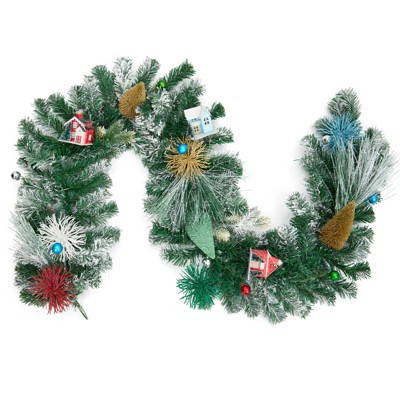 6FT Snow Frosted Christmas Garland with Village House, Pinecones & Colorful Balls for Fireplace or Stairs | Target