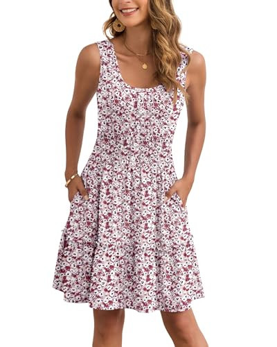 AUSELILY Women Summer Dress Sleeveless Tank Button Down Dresses Tiered Smocked Elastic Waist with Pockets, Pink Floral L | Amazon (US)