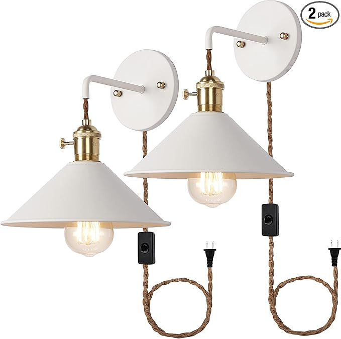 White Plug in Wall Sconces Set of Two,Wall lamp with Plug in Cord of 2 for Bedroom Hanging Wall L... | Amazon (US)