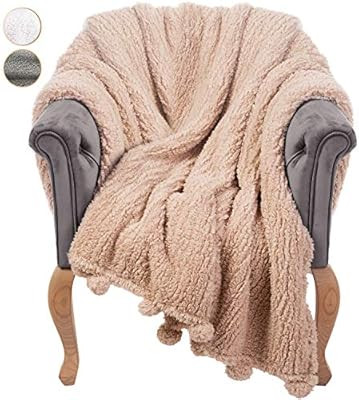 GREEN ORANGE Throw Blanket for Couch - 60x80, Beige with Pom Poms - Fuzzy, Fluffy, Plush, Soft, C... | Amazon (US)