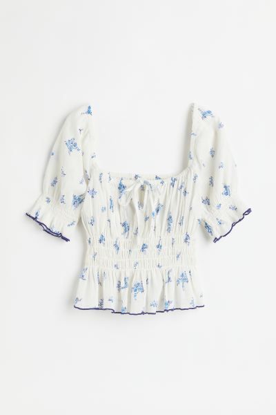 Blouse in a cotton weave. Square neckline with covered elastication and a keyhole detail with nar... | H&M (US + CA)