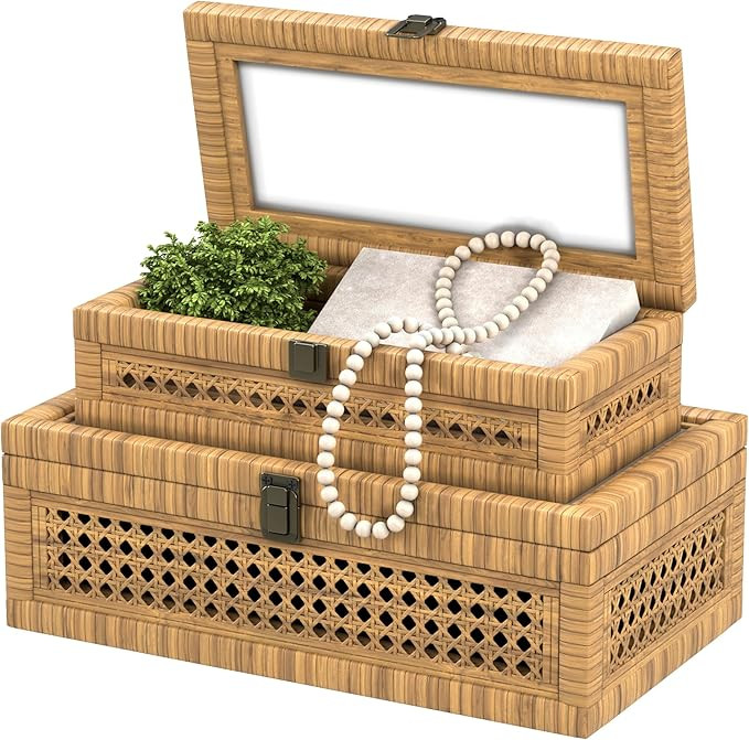 Rattan Decorative Box,Boho Display Boxes with Lids,Set of 2 Rectangular Wicker Storage Decoration... | Amazon (US)