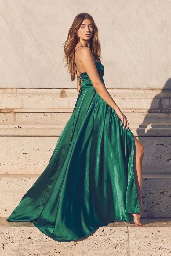 Althea Forest Green Satin Lace-Up Maxi Dress | Lulus (US)
