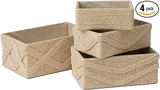 Beige Storage Baskets for Organizing Set 4 - Sturdy Woven Baskets Paper Rope Decorative Baskets, ... | Amazon (US)