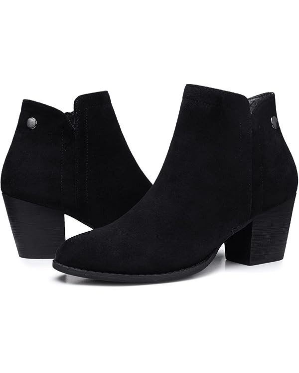 SHIBEVER Women's Ankle Boots Heel: Chunky Low Heeled Almond Toe Short Booties with Zipper Faux Su... | Amazon (US)