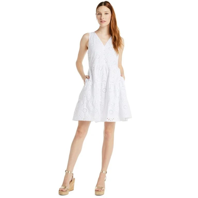 Time and Tru Women's Cotton Blend Tiered Eyelet Dress, Sizes XS-XXXL | Walmart (US)