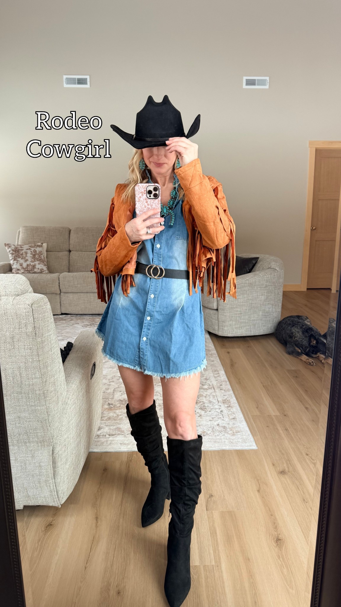 One of my favorite rodeo cowgirl looks. Denim dress, statement fringe jacket, classic cowboy hat and tall black cowgirl boots. Great for all those spring and summer country rodeos.


#LTKSeasonal #LTKootd #LTKFestival