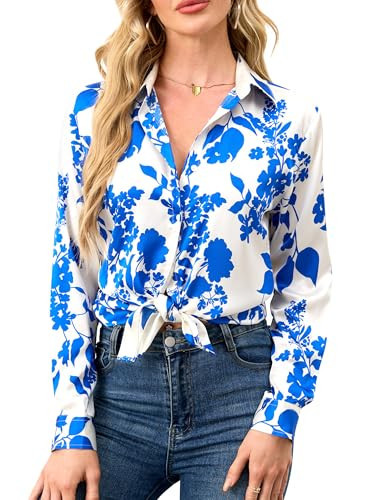 BBIBBI Womens Floral Shirts Casual Dressy Tops Long Sleeve Button Down Blouses Fashion Tops Trendy Blusas Elegantes para Mujer Blue Flower1 L | Amazon (US)
