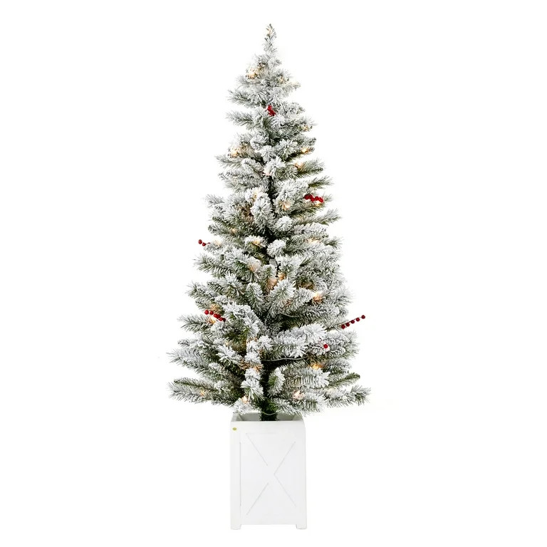 Holiday Time 5' Pre-Lit Flocked Artificial Christmas Porch Trees, Clear Lights, Set of 2 | Walmart (US)