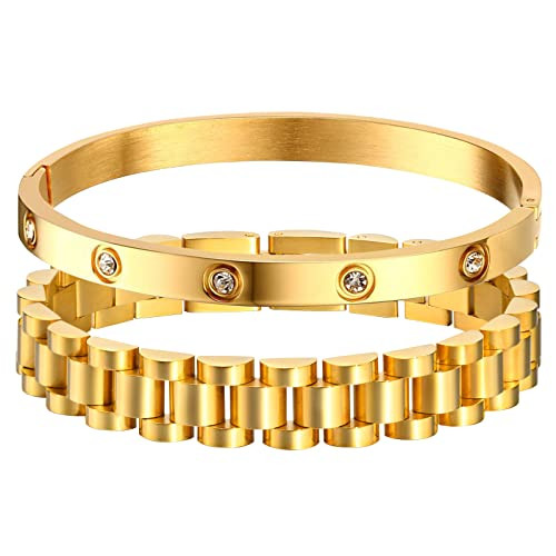 MPRAINBOW 2pcs 18K Gold Plated Chain Link Bracelet, Stainless Steel Crystal Friendship Bracelets Bangle,Watch Band Chains Wristband Jewelry with Adjust Tool | Amazon (US)