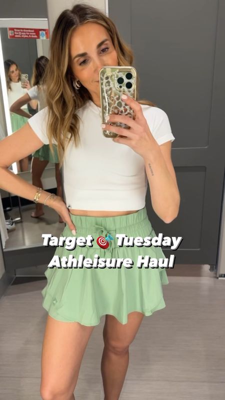 Target Tuesday athleisure finds, I’m wearing s in tops and skirt, s in onzie, xs in chambray shirt, s in yellow sweatshirt , m in shorts (but needed s- they fit tts)