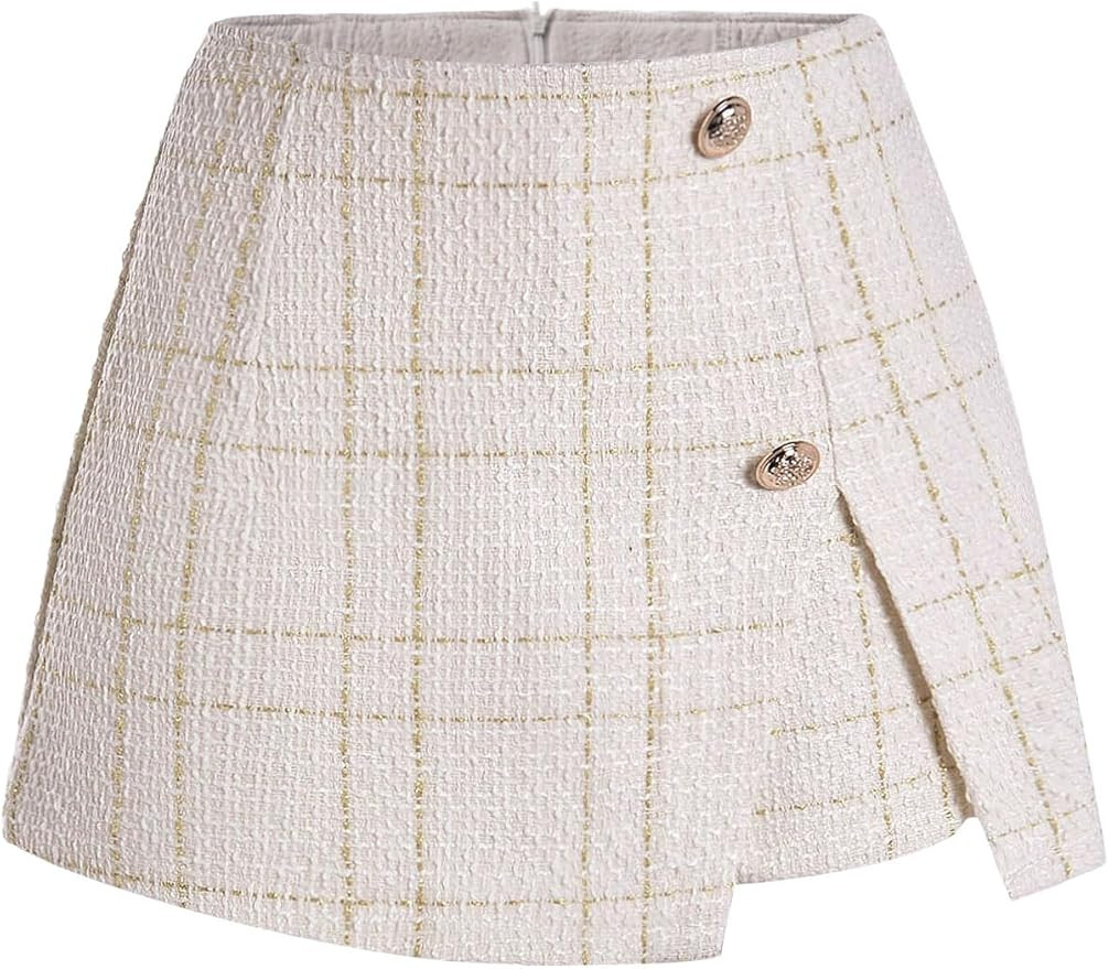 Women's Elegant Plaid High Waist Shorts Split Asymmetrical Hem Button Front Work Tweed Skorts | Amazon (US)
