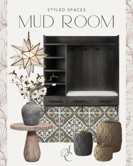 Mud room, entryway, and drop zone ideas!

Storage cabinet, tile, baskets, star pendant chandelier, pedestal table, vase, spring florals 