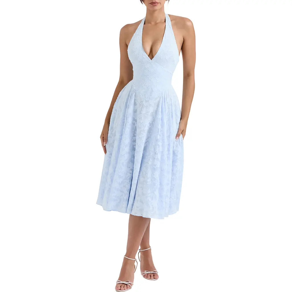 HOUSE OF CB Arietta Floral Jacquard Plunge Halter Neck Dress in Ice Water at Nordstrom, Size Medium D | Nordstrom