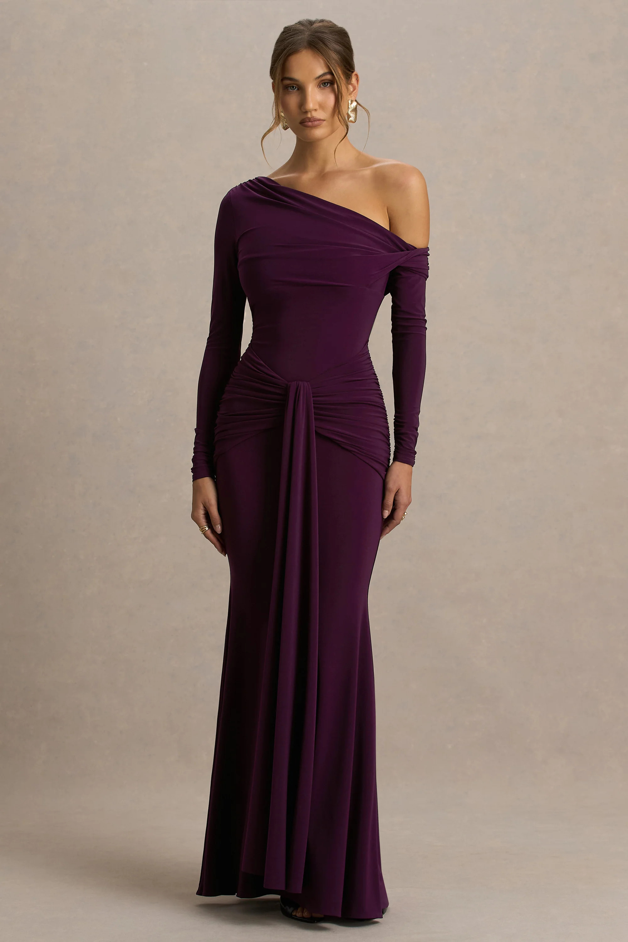 Clover  Burgundy Asymmetric-Neck Wrapped Maxi Dress With Sash | Club L London