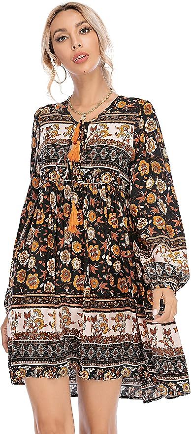 R.Vivimos Womens Long Sleeve Floral Casual Print Cotton Mini Tunic Dress | Amazon (US)