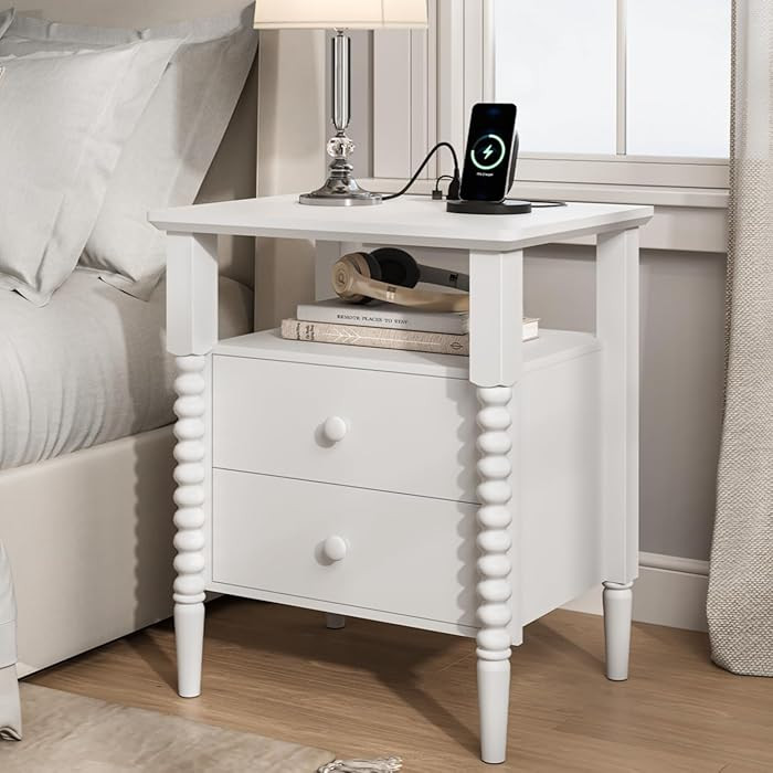 White Nightstand, Vintage Night Stand with Charging Station, Bedside Table with Drawers, End Tabl... | Amazon (US)