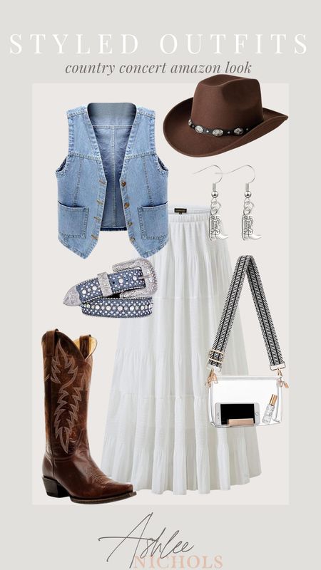 Country concert amazon outfit! Another cute amazon styled country concert outfit for the summer - the skirt is so cute!

Country concert outfits, amazon fashion, Amazon outfits, denim vest, maxi white skirt, summer style, western boots, amazon clear bag

#LTKstyletip #LTKSeasonal #LTKfindsunder100
