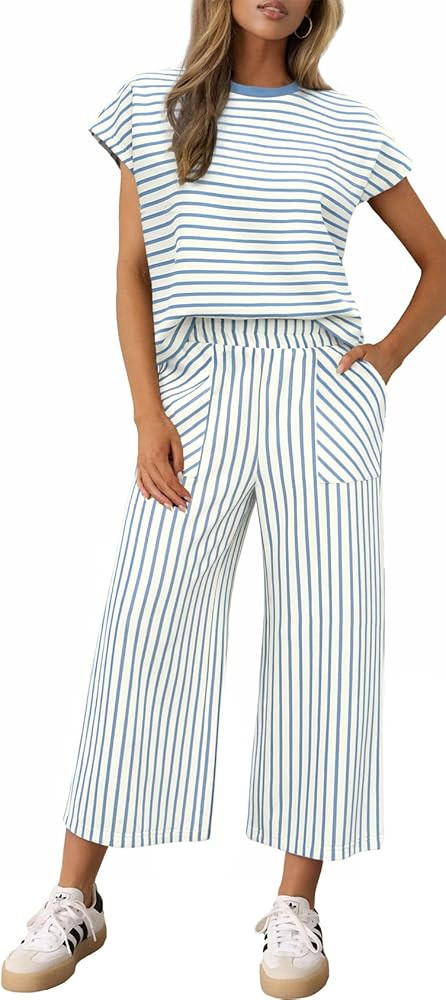 2 Piece Sets for Women Summer Outfits Short Sleeve Top Wide Leg Crop Pants Womens Matching Sets f... | Amazon (US)