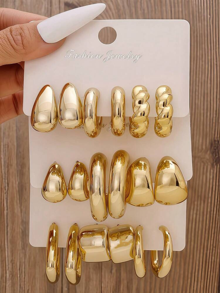 3 Pairs/9 Pairs New ABS Resin & CCB Gold-Color Exaggerated C-Shaped Water Drop Personalized Fashion Earring Set | SHEIN