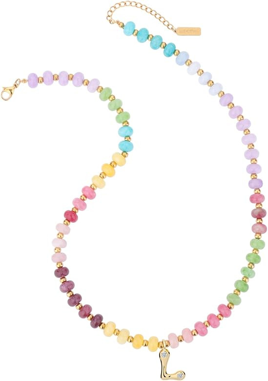 Initial Necklaces for Women with Bubble Letter Pendant and Colorful Beaded Gemstone - Choker 14k ... | Amazon (US)