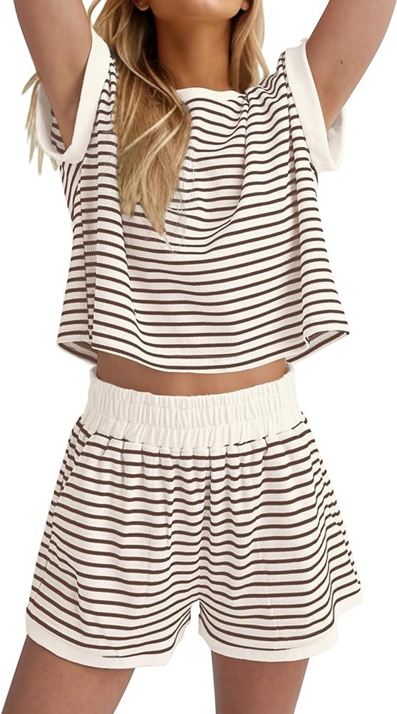 MISSACTIVER 2 Piece Lounge Set Women Stripe Knit Short Sleeve Tee Shirts Shorts Casual Summer Lou... | Amazon (US)