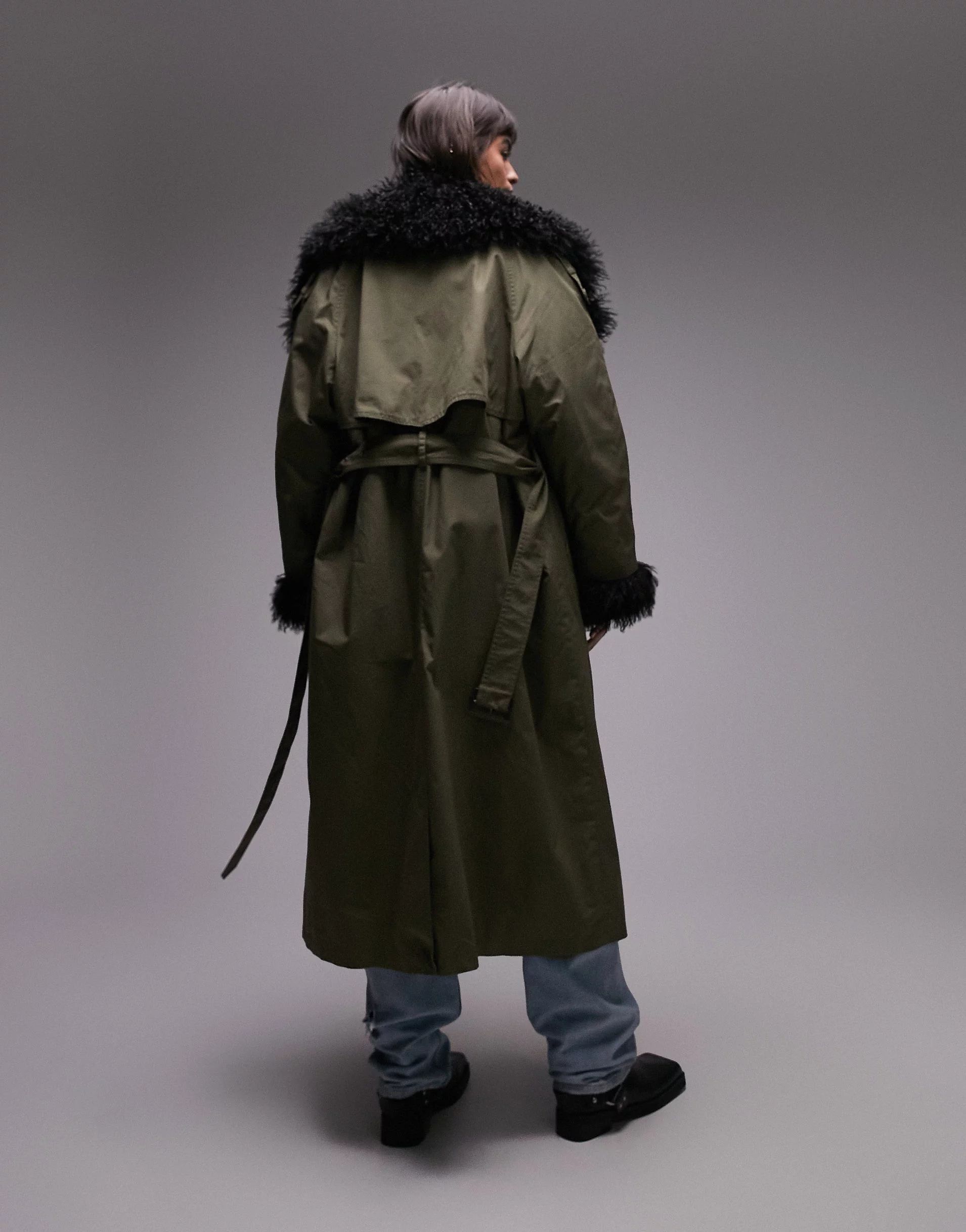 Topshop trench coat with faux fur trim in khaki | ASOS | ASOS (Global)