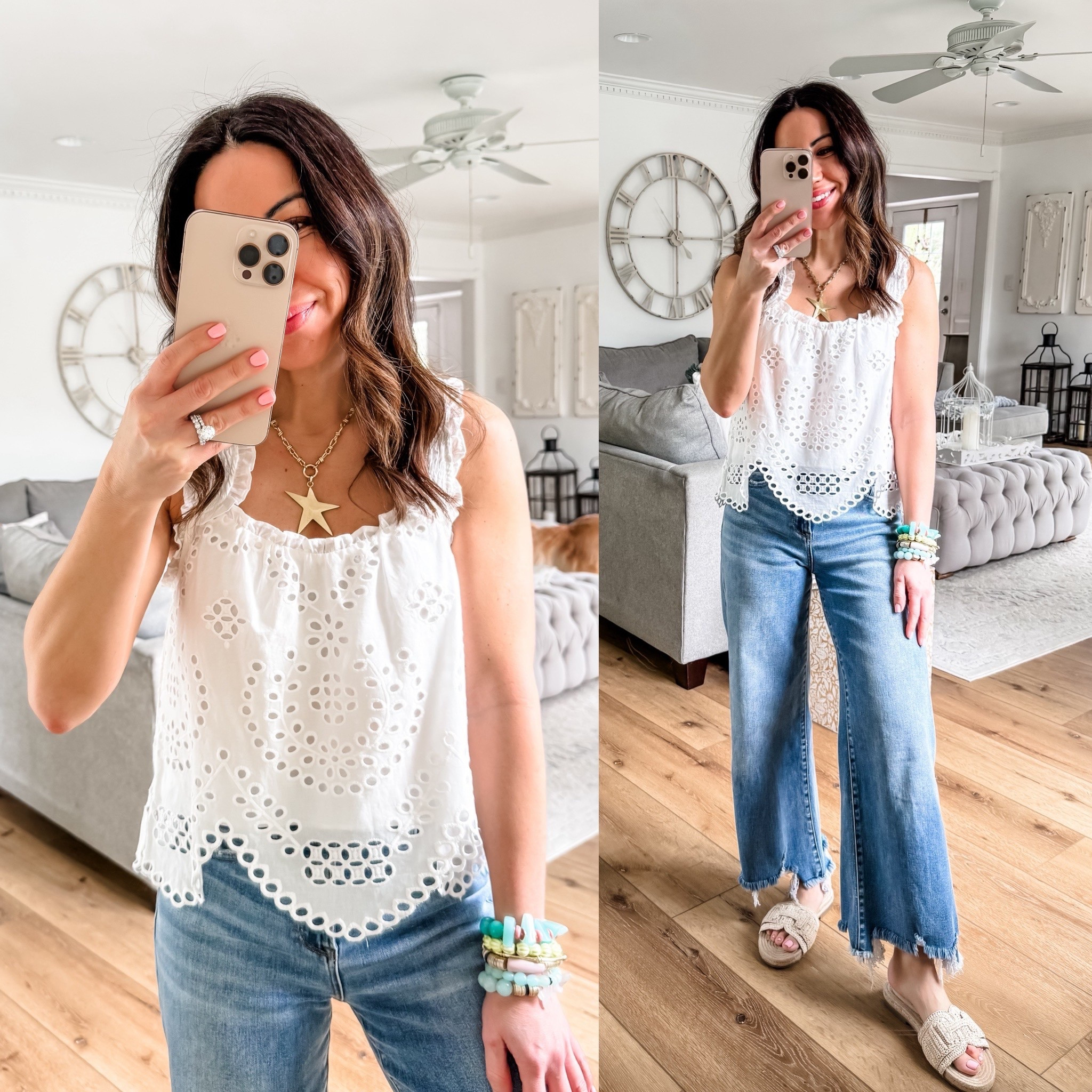 Eyelet top XS. Jeans 25. Sandals TTS.



#LTKPetite #LTKOver40