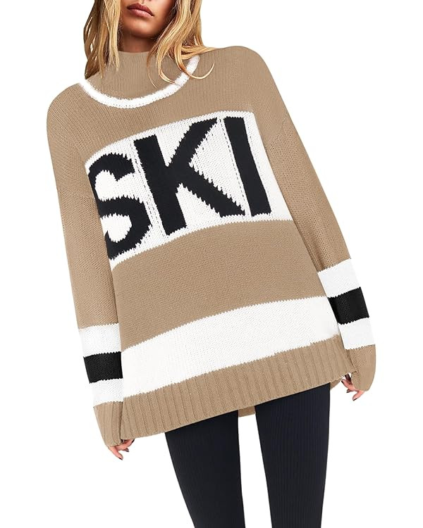 Yousify Womens Sweaters Fall 2024 Oversized Color Block Ski Sweater Crewneck Winter Tops S-2XL | Amazon (US)